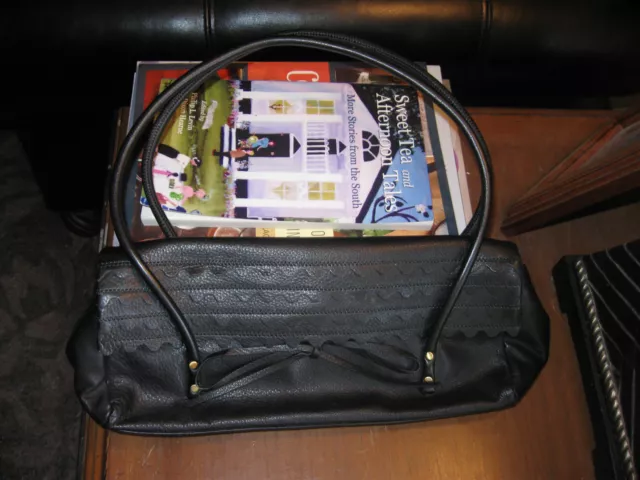 SIGRID OLSEN Soft Pebbled Black Leather Shoulder Bag Purse-Ruffle/Bow Detail-EUC