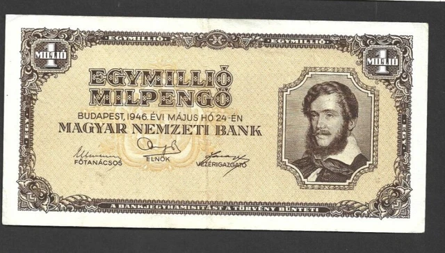 1 Million Milpengo Very Fine Banknote From  Hungary 1946 Pick-128