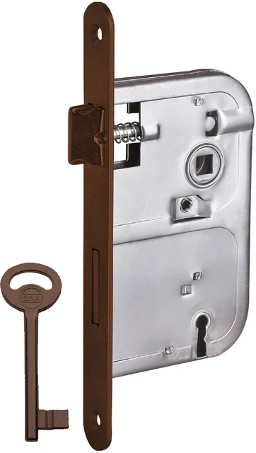 Serratura Per Porta SINA Modello 130, Bordo Tondo, Interasse 90mm, Finitura Bronzata, Con Chiave, Made In Italy