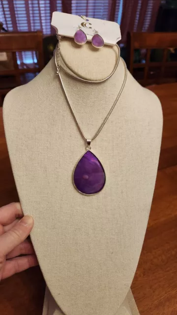 Charming Charlie 28"  silver tone necklace purple pendant earrings jewelry