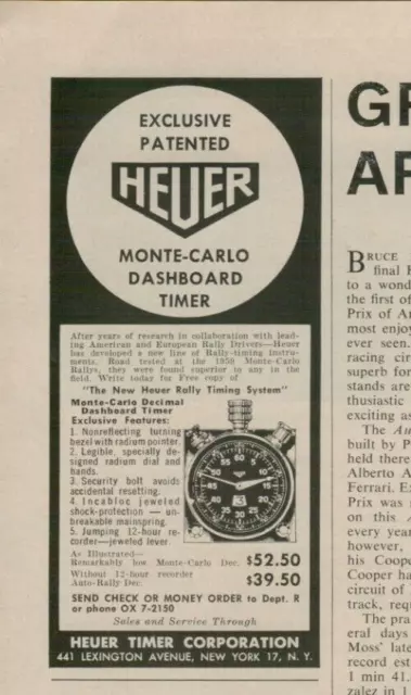 1960 Heuer Rally Dashboard Timing System Monte Carlo Decimal VINTAGE PRINT AD