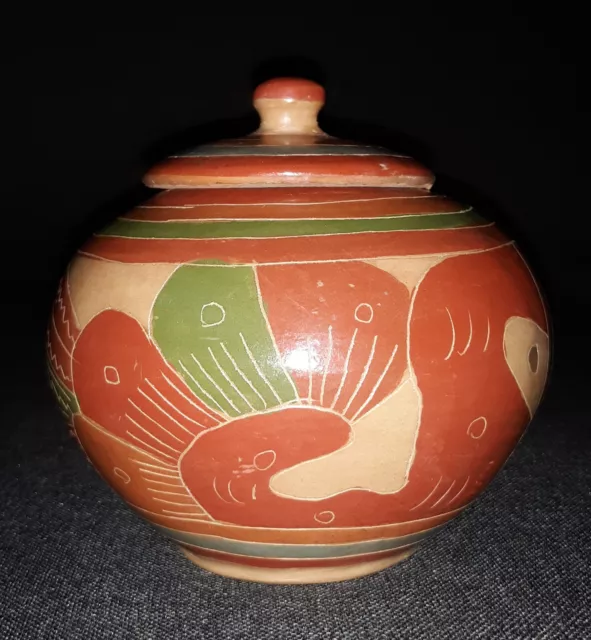 Vintage Juan Paulino Martinez Style Small Clay Pottery Covered Vessel Painted