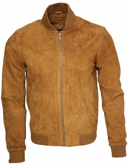 Mens Retro Tan Goat Suede Leather Bomber Varsity Jacket