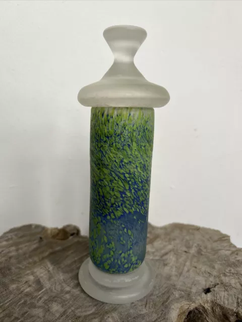 Art Glass Paperweight Pillar Clear Frosted Speckled Green 20cm