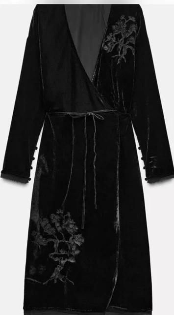 ZARA BLACK VELVET Floral Wrap Kimono Dress S 12.99 - PicClick UK