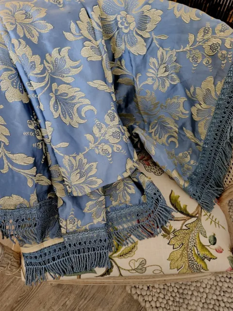 Vintage French Italian BLUE/GOLD Brocade Fringed THROW RUG DOUBLE BEDSPREAD