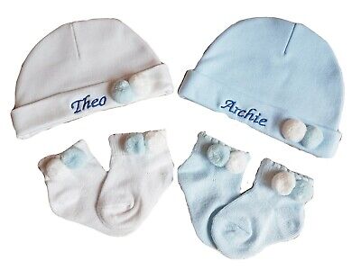 Baby hat sock set Personalised Boys pom poms Blue White, Sizes Newborn 3 months