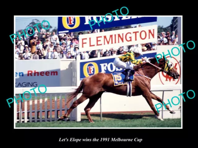 OLD 8x6 HISTORIC HORSE RACING PHOTO OF LETS ELOPE WINNING 1991 MELBOURNE CUP