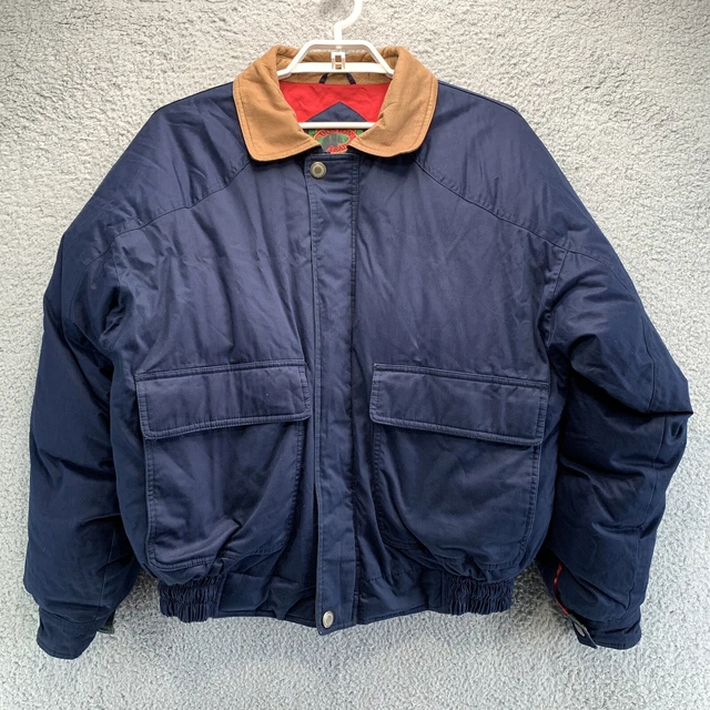 Vintage Boston Traders Jacket Mens Large Blue Down Puffer Bomber Leather Heavy