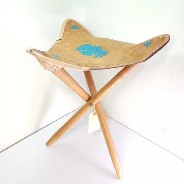 VTG Hand Tooled Leather Stool Folding Tripod Chair Saddle Seat Native American