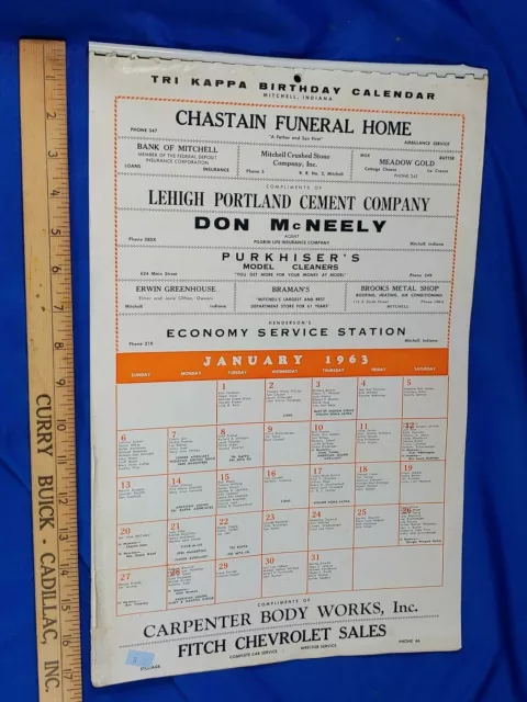 1963 Mitchell, Indiana Advertising Calendar Funeral Home Fitch Chevy Dealer Tri