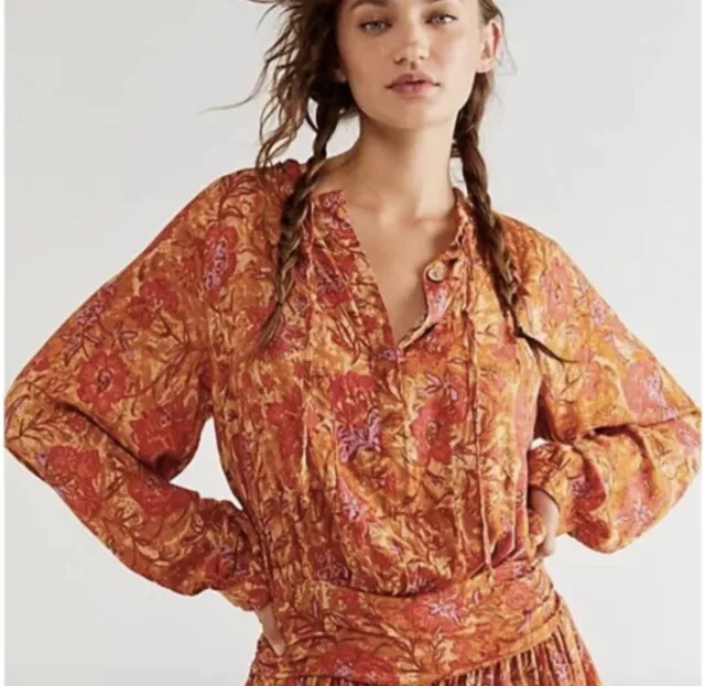 Free People Orange Dance Til Dawn Romper Size Women's XS Ruffled Tie Up Romper 2