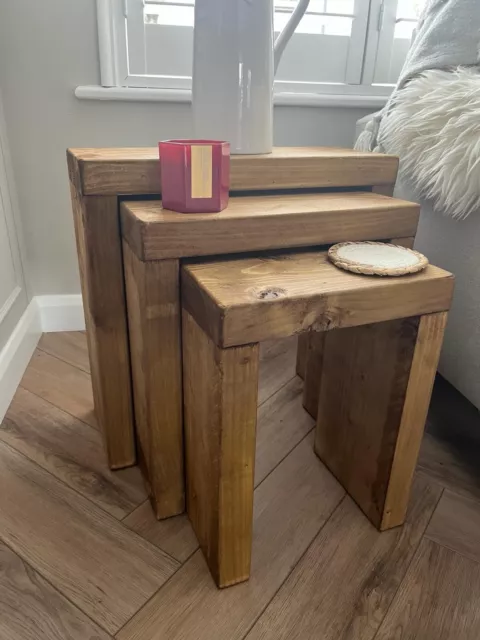 Handmade Rustic Solid Wood Wooden Nest of 3 Tables Farmhouse