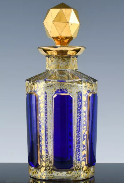 Exquisite Antique Moser Sapphire Cabochon & Gold Gilt Cut Glass Perfume Bottle