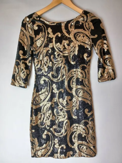 River Island Scoop Back Baroque Sequin Bodycon Dress  - Black/Gold - UK 10