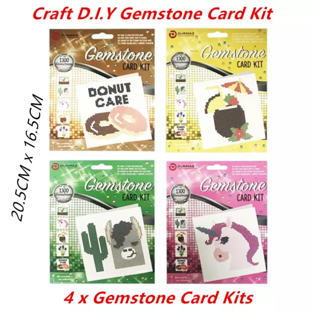 4 x Gemstone Card Kit Art Craft Kids Decor Crystal DIY 1300 Gems Stick Adhesive