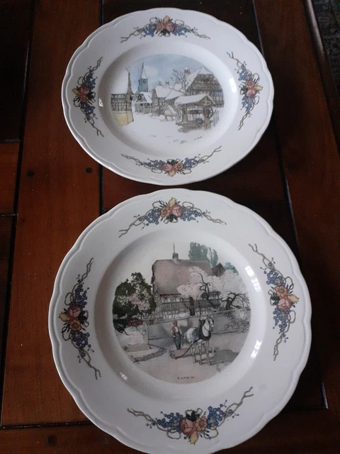 2 Assiettes plates en faïence de Sarreguemines, modèle OBERNAI, parfait état
