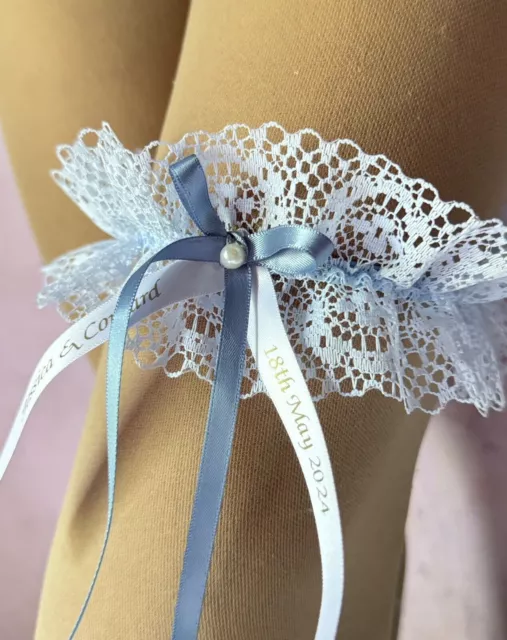 Blue Lace Wedding Garter Personalised Bride Bridal Hen Blue Bow Satin Ribbon S/M 2