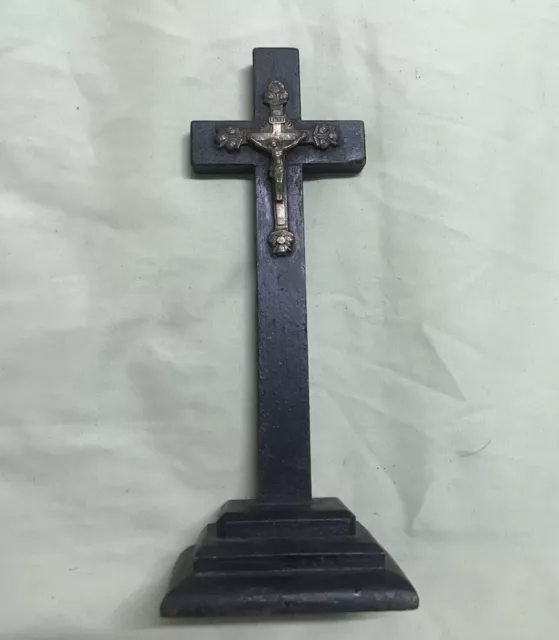 French Wood Brass Free Standing Altar cross Crucifix￼￼ Jesus 7 ½ Black Antique