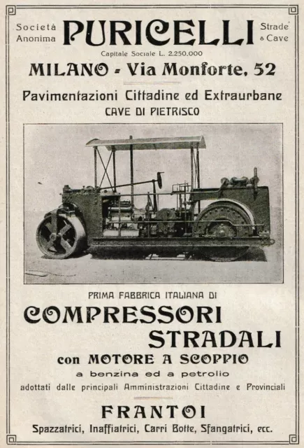 Pubblicita'1919 Compressore Stradale Puricelli Milano Pavimetazione Strade