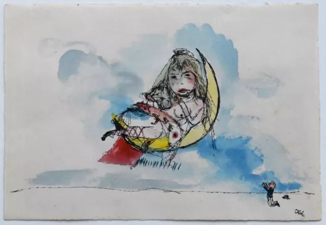 Ilske Schwimmer: Frau im Mond, Aquarell/Feder, 1940er Jahre