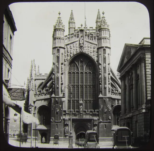 Glas magische Laterne Rutsche WESTFRONT BAD ABTEIKIRCHE C1910 SOMERSET ENGLAND