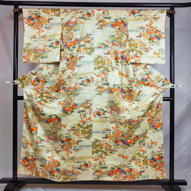 0287:Japanese  kinomo "KOMON"  pure silk court drawing,flower cart,chirimen
