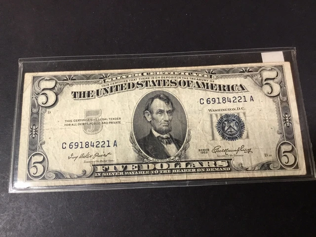 1953-$5 Misaligned Silver Certificate Blue Seal-Dollar-4221-A