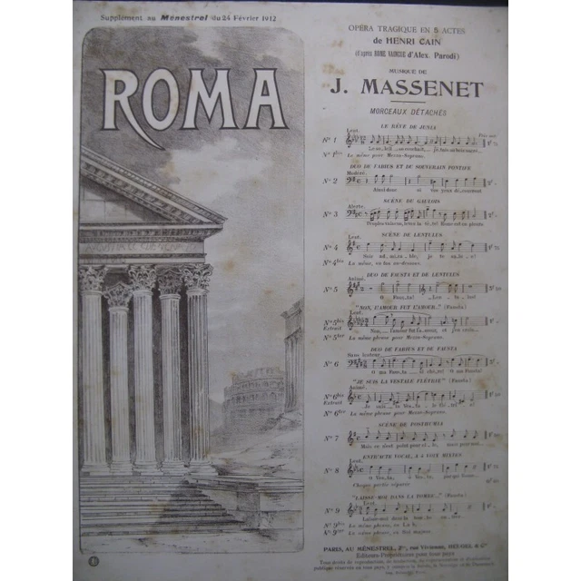 MASSENET Jules Roma Opéra No 1 Chant Piano 1912