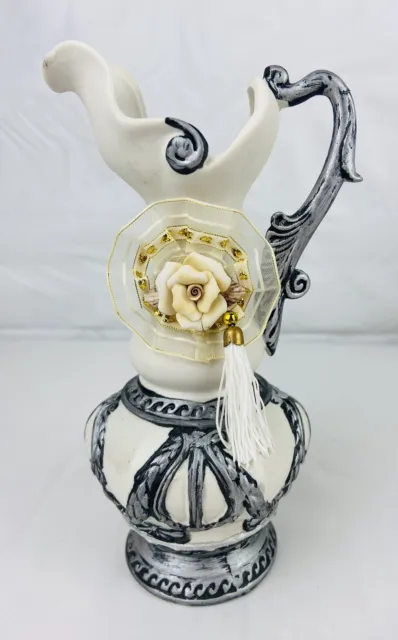 Vintage Art Pottery Bud Vase Pitcher Jug Sculpted Rose 8” Black & White Ornate