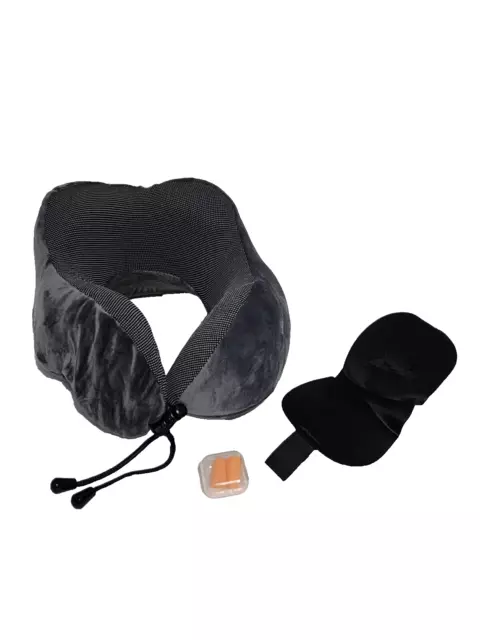 Travel Neck Pillow Memory Foam W/ Eye Mask & Ear Plugs Gray