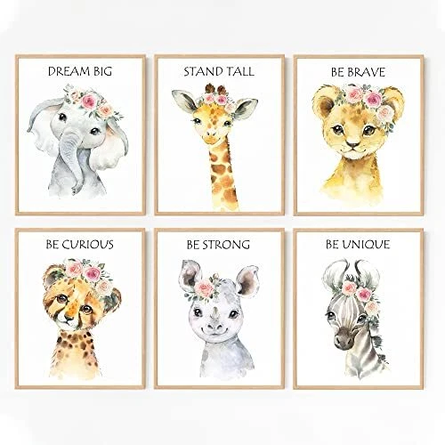 Baby Safari Nursery Wall Decor | Animal Wall Art Prints Set of 6 Posters |