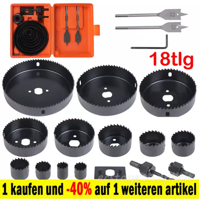 18tlg Lochsägen Set 22 bis 127mm +2 Adapter Kreissäge.Transportkoffer für Holz