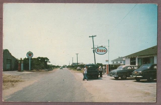 North Carolina Hatteras Street Scene Gas Stations 1950s Postcard