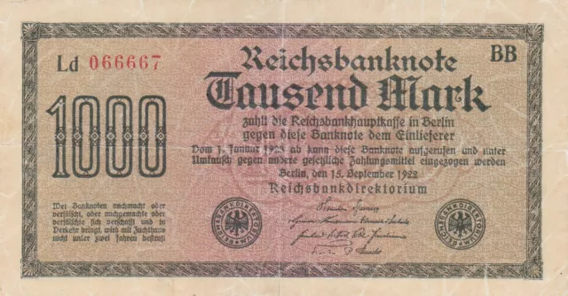 1000 Mark Reichsbanknote   15. September 1922  Deutsches Reich