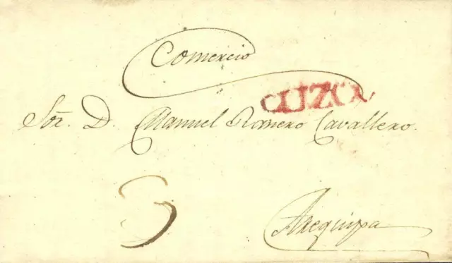 Perú. Umschlag 1832. Cuzco A Arequipa. Marke Cuzco,IN Rot (Colareta 5) .