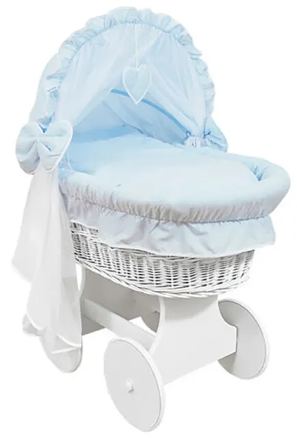 White Wicker Wheels Crib/baby Moses Basket + Complete Bedding Blue/cotton