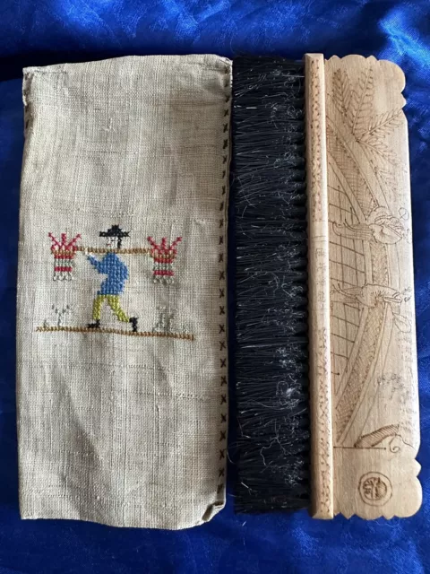 Vintage Pokerwork Wood Japanese Clothes Brush -Embroidery Cover Prisoner Of War?