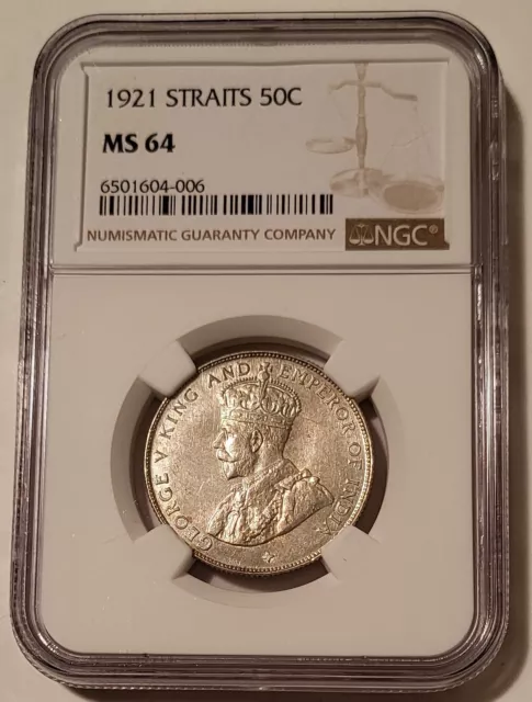 Straits Settlements (Malaysia) George V 1921 Silver 50 Cents MS64 NGC