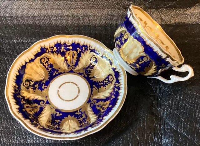 Antique Samuel Alcock Teacup &Saucer Blue/Cream Embossed Melting Snow Gilded vgc 2