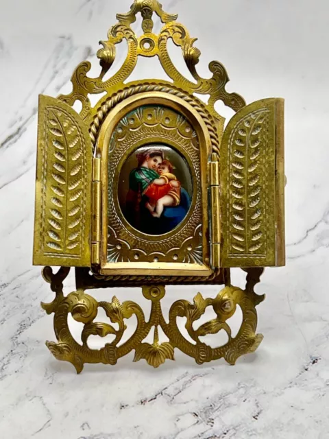 Estate Antique Porcelain Miniature Painting After Raphael Ornate Brass Frame