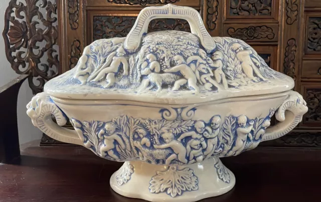RARE Mid Century large majolica cherub and Dionysus tureen.  exc condition