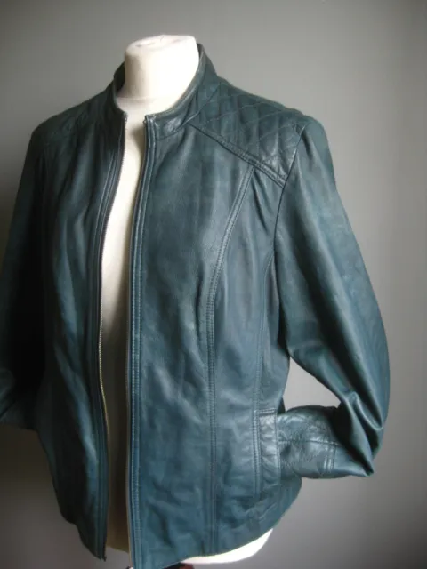 LAKELAND LEATHER JACKET 18 BIKER COAT cafe racer dark teal green distressed real