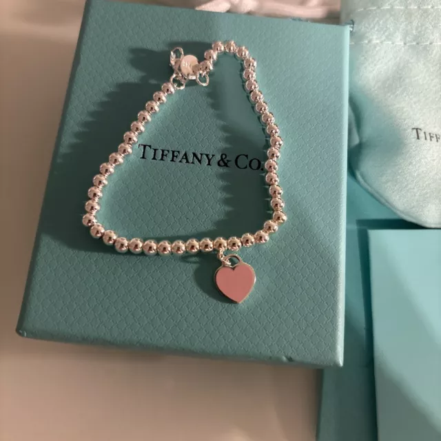 Genuine Tiffany & co sterling silver Pink Enamel Heart   bracelet With Box Pouch