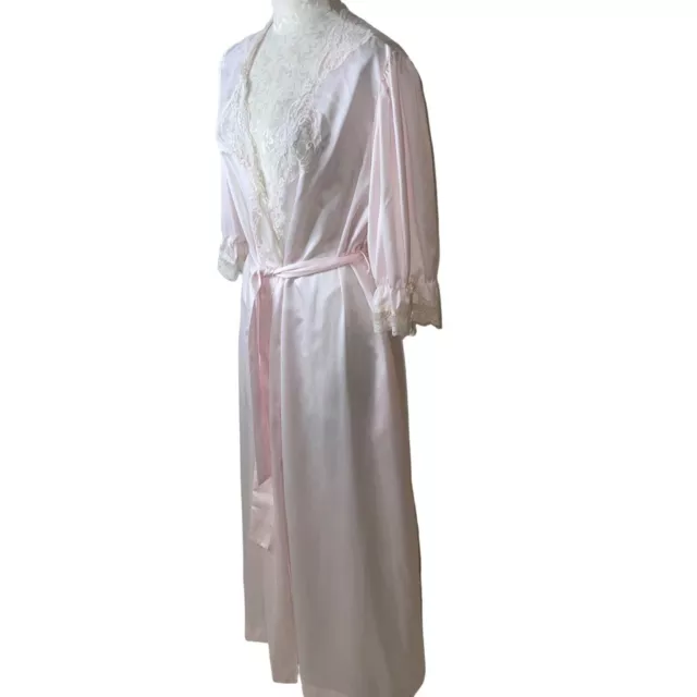 Christian Dior Vintage Womens Robe Size Small Pink Satin Lace Trim Belt