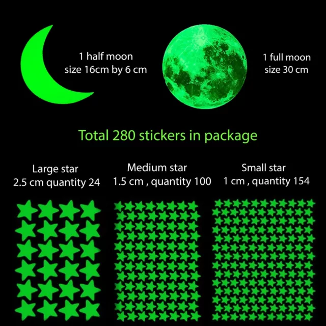 280 Wall Glow In The Dark Moon+Stars Stickers Baby Kids Nursery Bed Room Ceiling