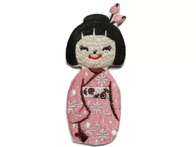 Japanese Asian Geisha Doll Pink Embroidered Iron On Patch Applique 3.75 Inches