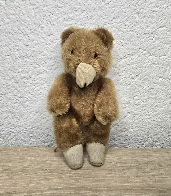 Peluche ours vintage bleu et rouge assis yeux plastiques 28 cm