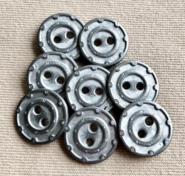 8 Pewter Look Metal Buttons, Abstract Design, Rims, 2 Hole, 15mm, Matching Set