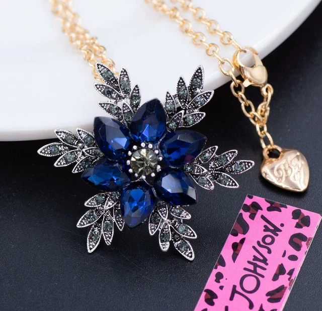Betsey Johnson Alloy Crystal Enamel Blue Flowers Pendant Necklace Brooch Jewelry